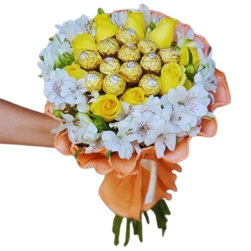 Ramo de flores con rosas chocolate rocher y astromelias